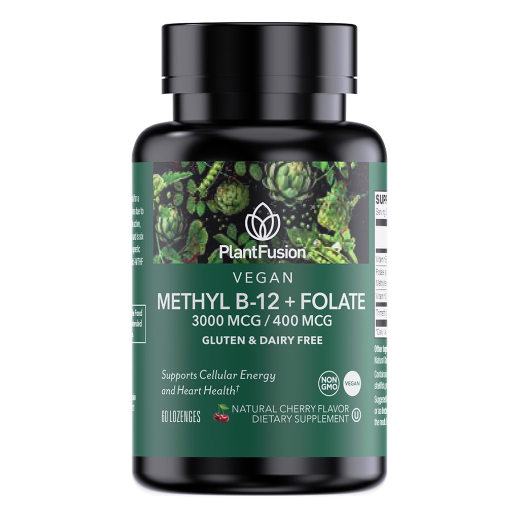 PlantFusion Vegan B12 Methyl 3000 mcg + Folate 400mcg - Sublingual Vitamins - Supports Energy, Heart Health, Nervous System - Cherry Flavor, 60 High Potency Lozenges for Fast Absorption