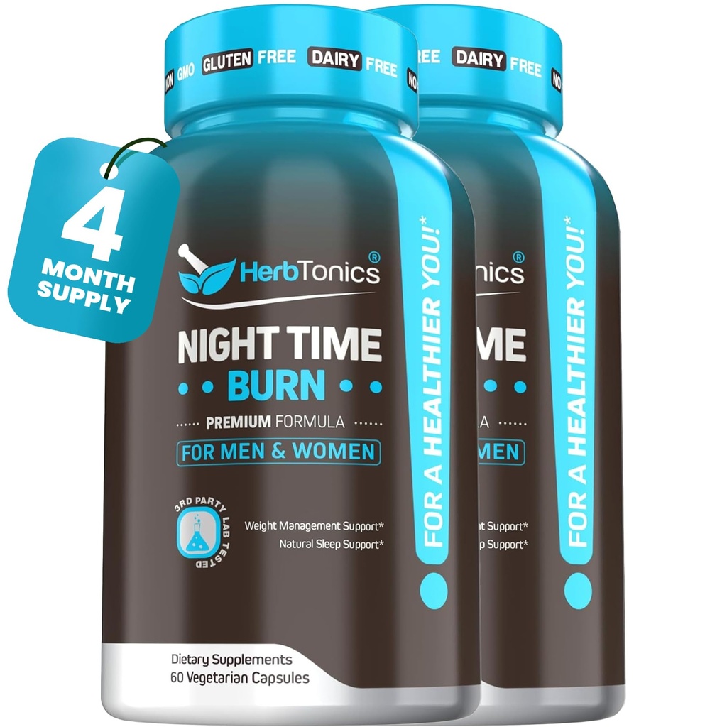 Herbtonics Night Time Burn & Sleep Complex soutient le métabolisme nocturne, le stress et le sommeil profond. Comprend Melatonine, Valérien et Thé Vert – Vegan Bedtime Weight Management (120 Capsules)