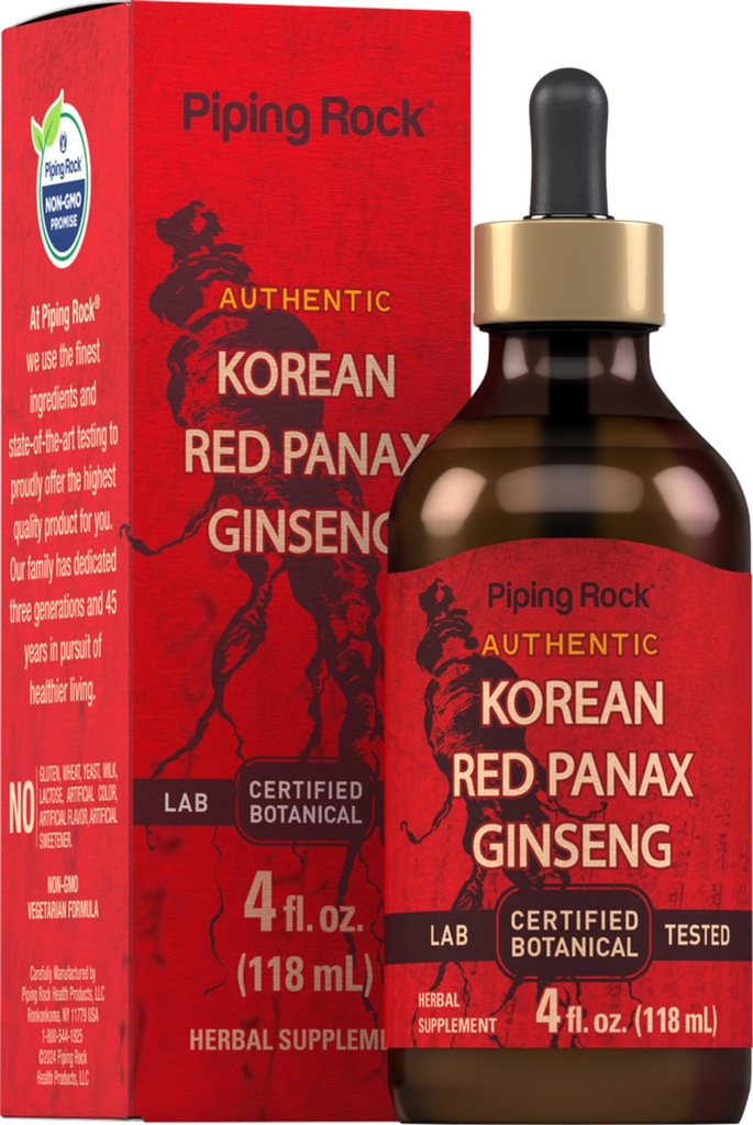 Piping Rock Extrait liquide de ginseng rouge coréen , 4 Fl Oz , Extrait de racine de Panax , Teinture sans alcool , Végétarien , Non-OGM , Supplément sans gluten