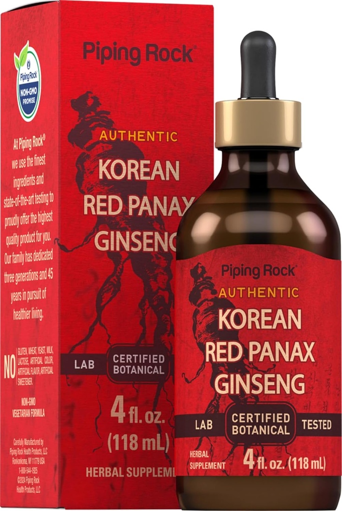 Piping Rock Korean Red Ginseng Liquid Extract | 4 Fl Oz | Panax Root Extract | Alcohol Free Tincture | Vegetarian, Non-GMO, Gluten Free Supplement