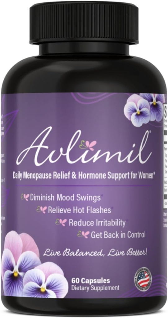 Avlimil® Hormone Balance & Ménopause Support de la ménopause - Isoflavones, Black Cohosh, Raspberry, Valérian, Sage, Red Clover, Lemon Baume - 1 mois