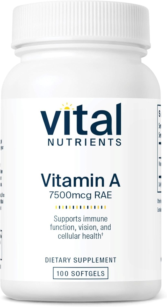 Nutriments vitaux Vitamine A 7500mcg RAE.com Vitamine A supplément pour la fonction immunitaire, la vision, la peau et la santé cellulaire.