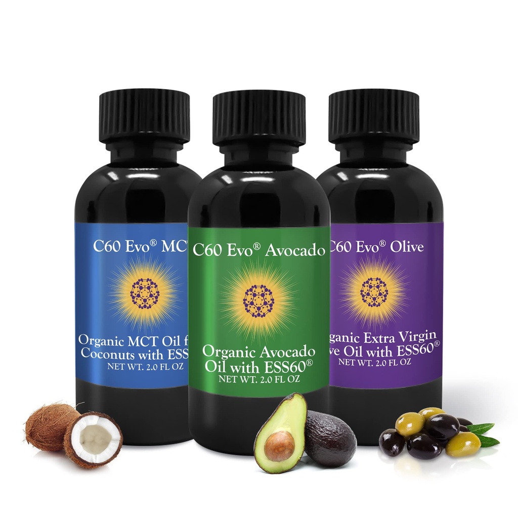 C60 Evo Huiles comestibles tout naturel, Mini Ensemble échantillonneur d'huile avec C60 ESS60 pur, Support immunitaire et supplément de soutien conjoint avec huile d'olive, huile d'avocat et huile de coco MCT, lot de 3, 2 oz