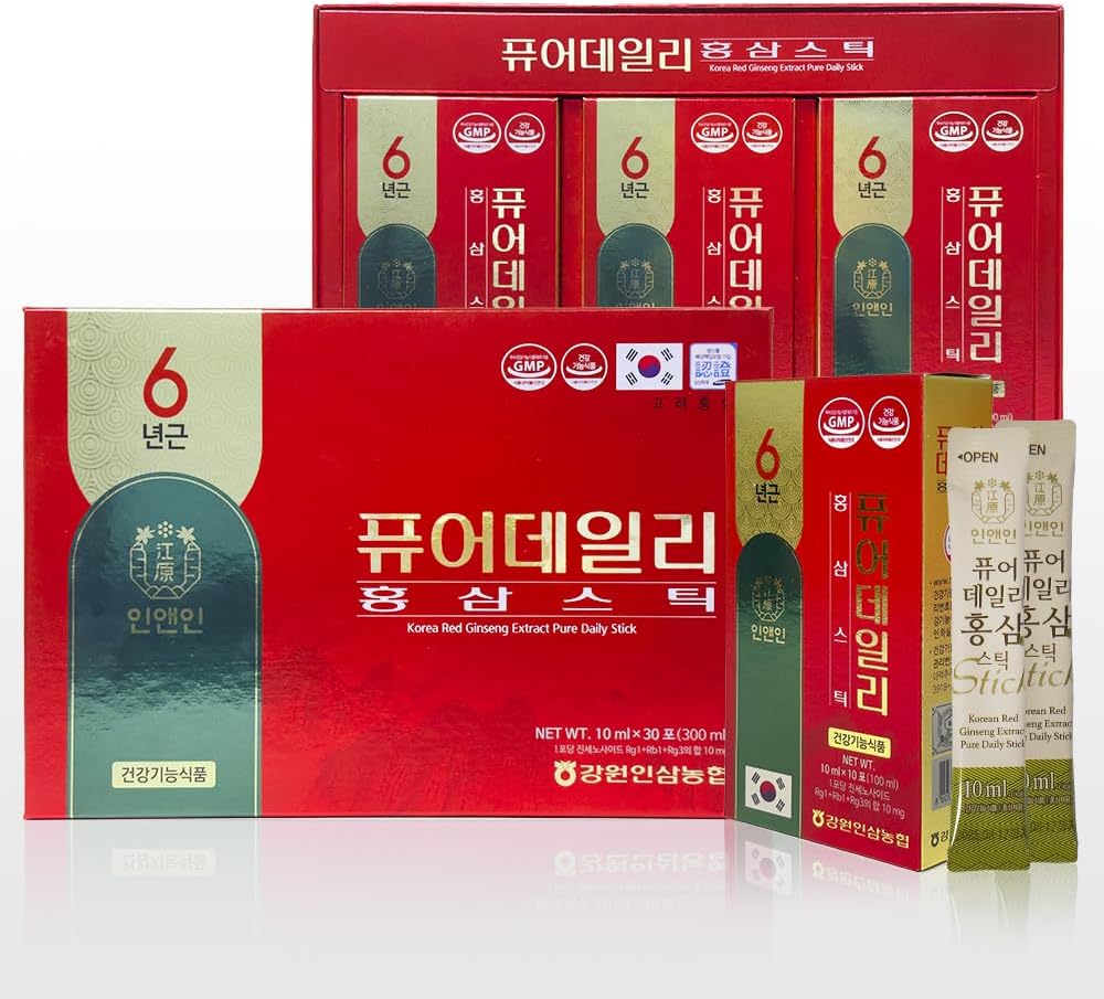 Corée Ginseng Rouge Extrait Pure Daily Stick Hong Sam, Booster d'énergie naturelle pour hommes et femmes Immuni Support, Fatigue Récupération - 30 Sticks