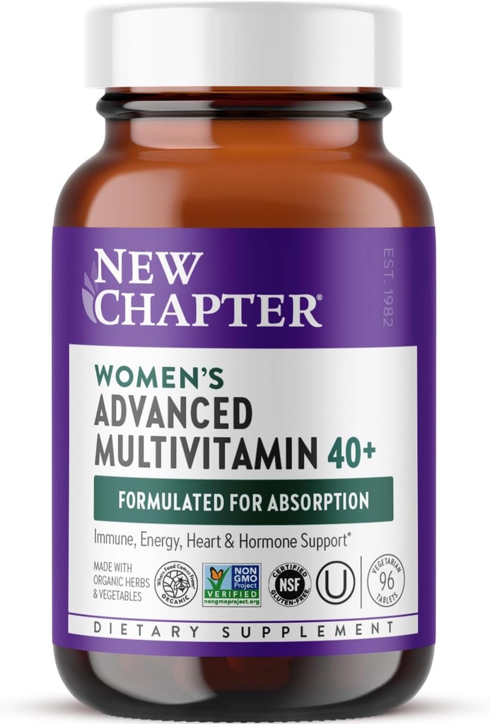 Nouveau chapitre Multivitamines féminines 40+ Formule avancée pour le cœur, l'hormone, l'immunité et le soutien énergétique, des niveaux plus élevés de vitamines B fermentées dans les aliments entiers +D3, fabriquées avec des ingrédients organiques non OGM, 96 Nombre