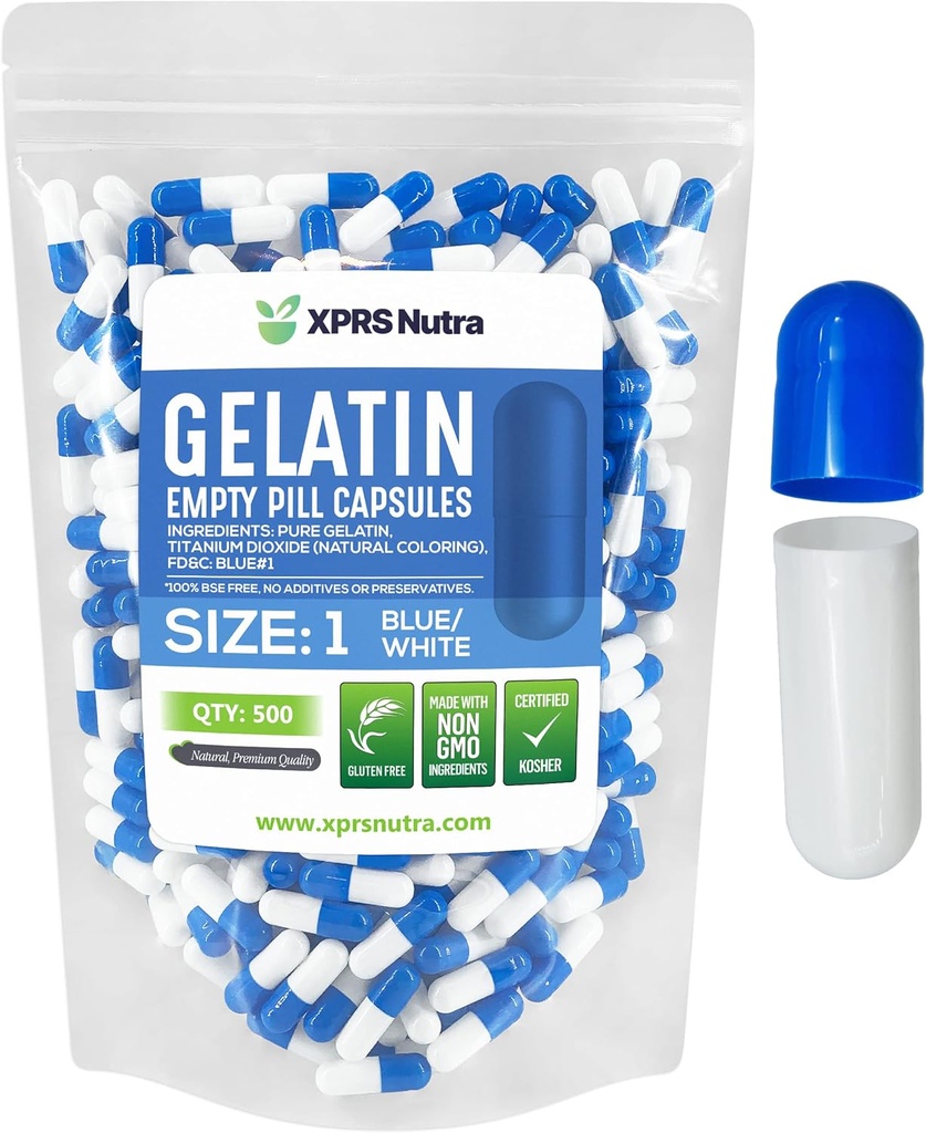XPRS Nutra Taille 1 Capsules vides - 500 Compte Capsules de gélatine vides - Remplissage de la gélule de bricolage - Capsules de gel de pilule de viande bovine pure pour les suppléments Do-It-Youlf (Blue/White)