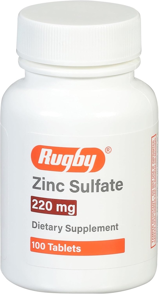 Rugby Zinc Sulfate 220 mg Tablets - Made with Zinc Sulfate Heptahydrate - Dietary Supplement - 100 Count (1 Pack)