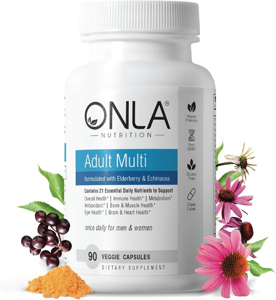 ONLA Elderberry Suppléments pour les femmes 80mg - Multivitamines véganes pour le soutien immunitaire avec Echinacea et Elderberry - Non-OGM, Capsules quotidiennes sans gluten - Approvisionnement de 3 mois (Expiration mai 2025)