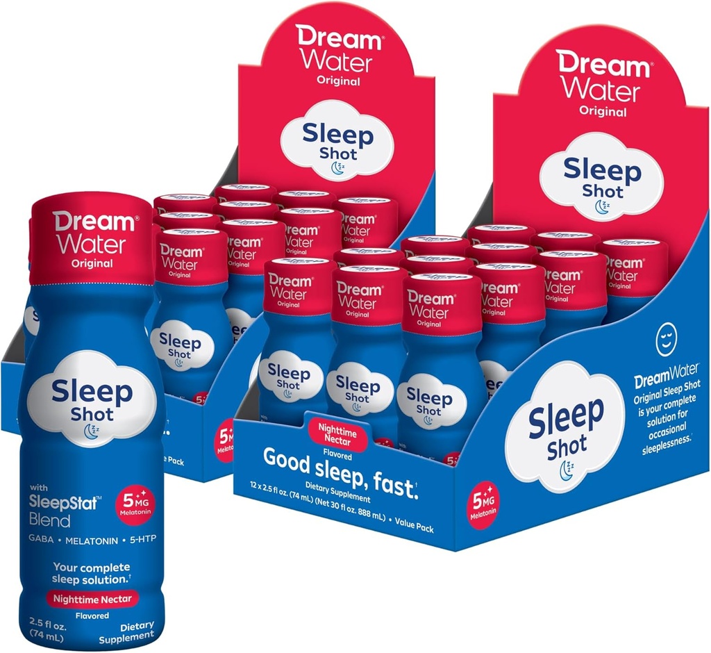 Dream Water Sleep Aid Supplement Drink; Melatonin 5mg, GABA, 5-HTP; Zero sugar, Natural flavors, No added colors, 2.5 oz liquid sleep shots, Nighttime Nectar, 24-Count
