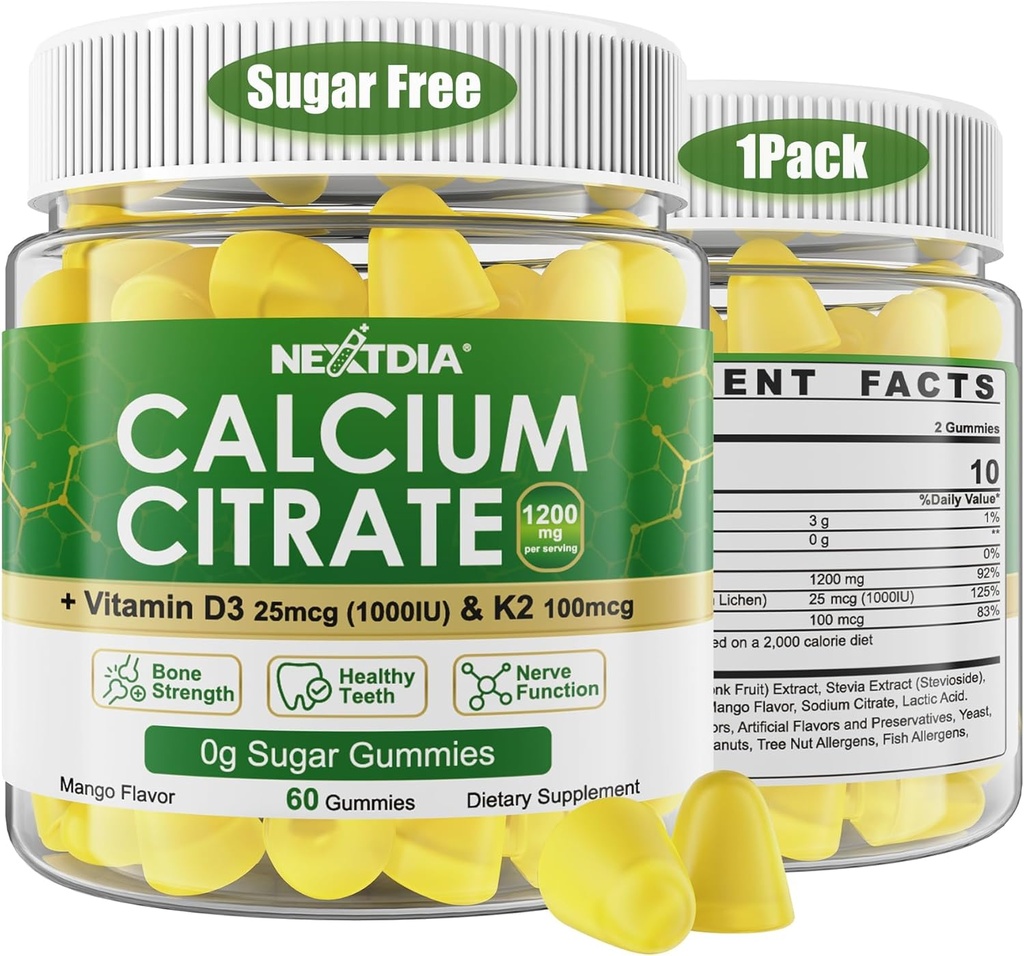Citrate de calcium Gummies 1200mg avec vitamine D3 K2, suppléments de calcium à croquer pour les femmes et les hommes, soutien de haute puissance B0ne, te*th, force et santé immunitaire, saveur de mangue, non-OGM, sans sucre, 60 Cts