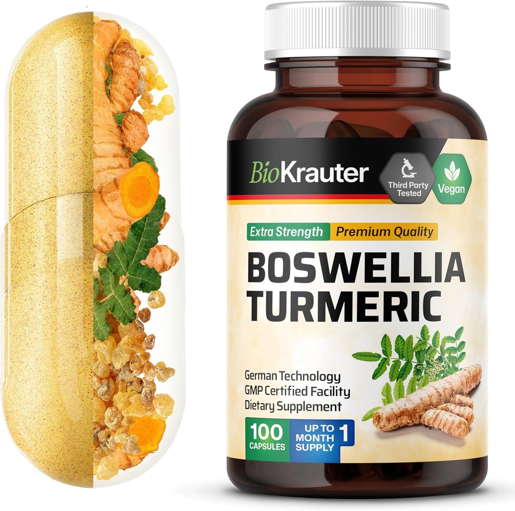 Supplément curcuma BIO KRAUTER avec capsules d'extrait de Boswellia - 2000 mg Mélange - 100 Compte - Végétalien Boswellia Turmeric (Curcumine) - Formule avec poivre noir