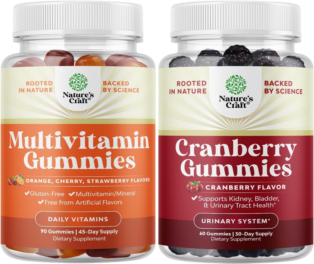 Bundle of Potent Daily Multivitamin Gummies for Adults and Natural Cranberry Gummies for Women and Men - Mélange bien-être de vitamine D A C E B12 Zinc et biotine - Extra Strength Delicious Antioxydant