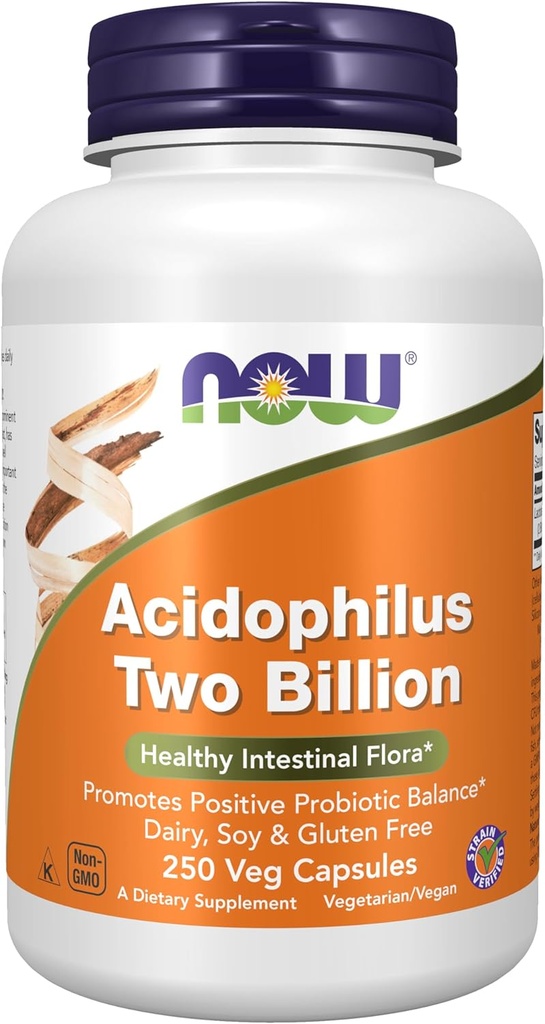 NOW Foods Supplements, Acidophilus, Two Billion, Strain Verified, Healthy Intestinal Flora*, 250 Veg Capsules