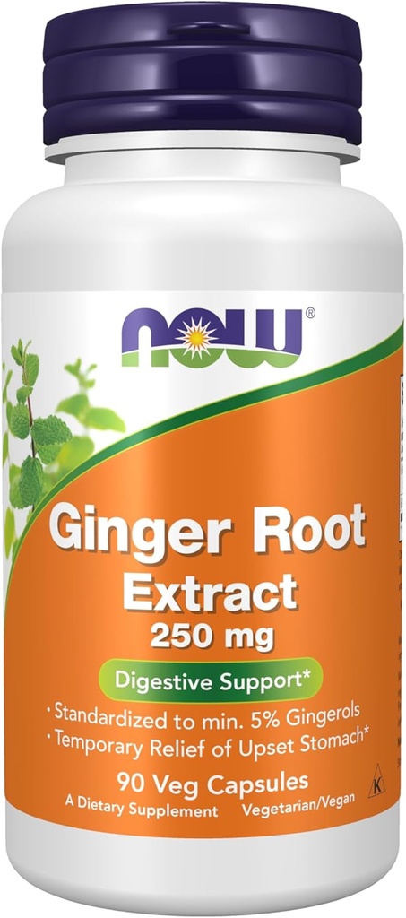 NOW Foods Supplements, Ginger Root Extract 250 mg, Temporary Relief of Upset Stomach*, Digestive Support*, 90 Veg Capsules