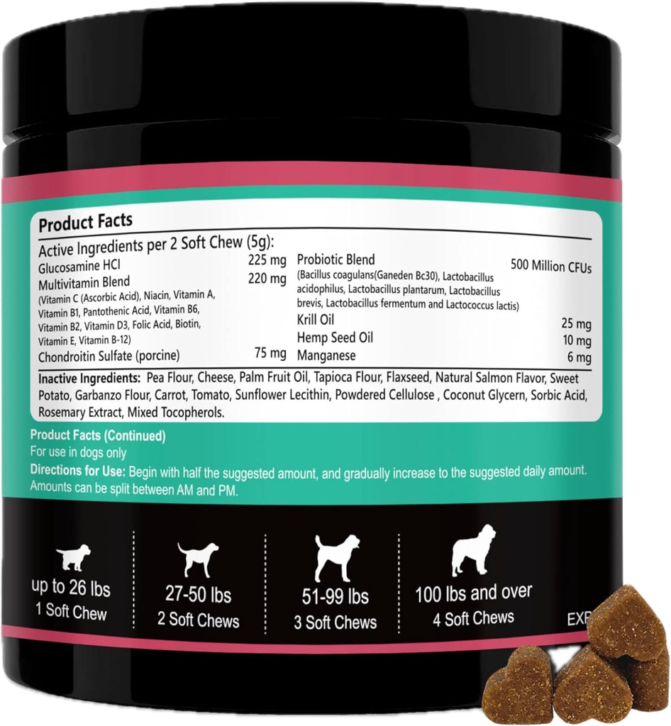 Multivitamines pour chiens Chewable- 15 vitamines pour chiens en 1 Multivitamine pour la santé cardiaque - Omega 3 huile pour la peau et le manteau, la chondroïtine et la glucosamine pour chiens joint et mobilité, probiotiques - 120ct