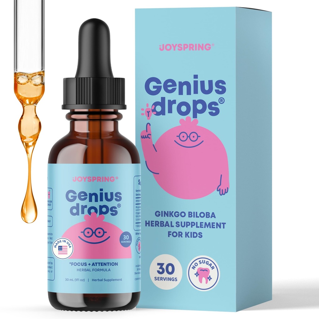 JoySpring Genius Drops for Kids.com Supplément cliniquement prouvé Focus.com Complement à base de plantes liquides avec Ginkgo Biloba pour enfants (1 fl oz) 30 portions