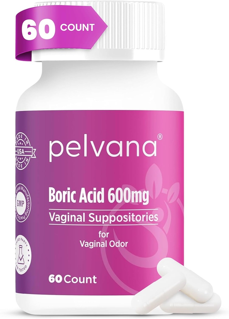 Suppositoires d'acide borique de Pelvana pour les femmes 60 Compte - pour l'odorat vaginal et la fraîcheur, l'hygiène féminine et le bien-être - Laboratoire tiers vérifié et mis en bouteille aux États-Unis - Solution d'odorat pour la santé féminine