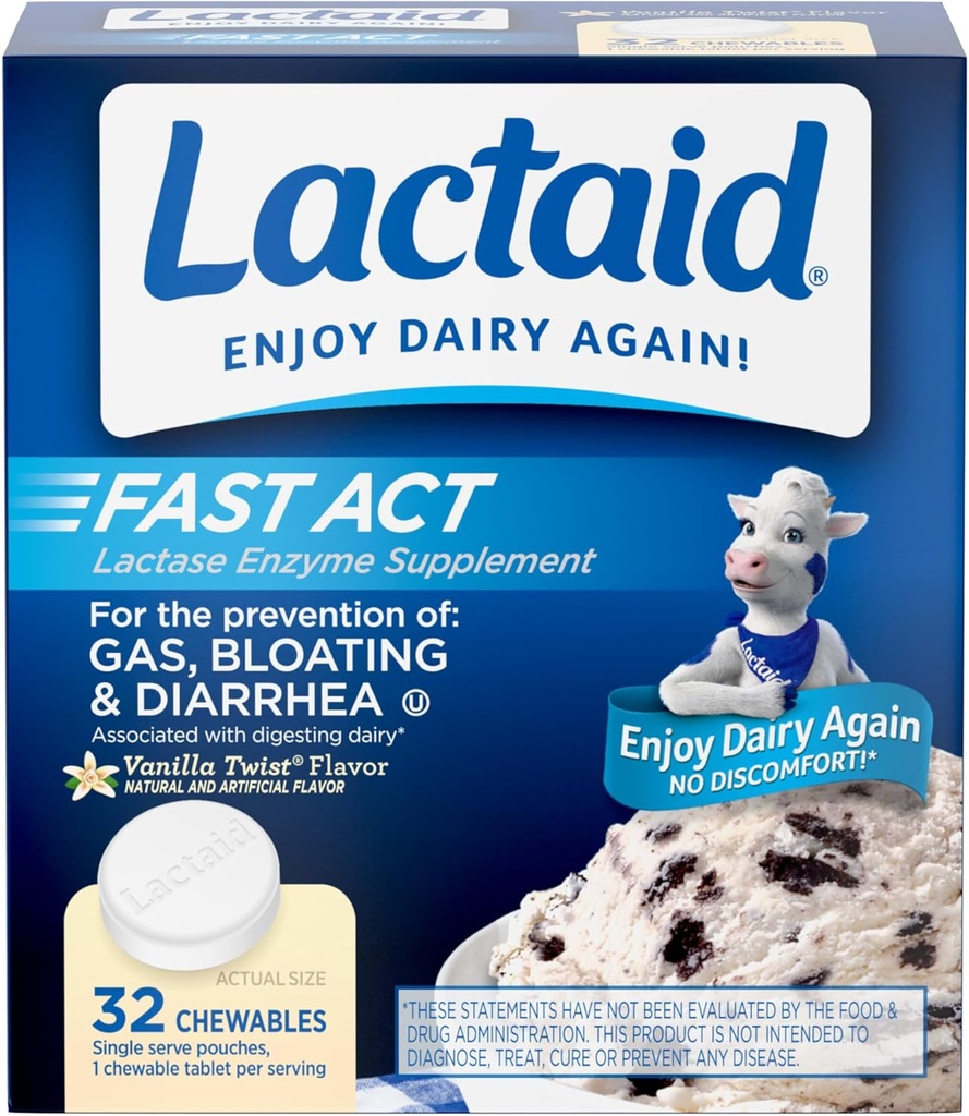 Lactaid Fast Act Relief Lactose Intolérance Relief Chewables with Natural Lactase Enzyme to prevent Gas, Bloaging & Diarrhée Du fait de la sensibilité au lactose, on-the-Go, Vanilla Twist Flavor, 32 x 1 ct