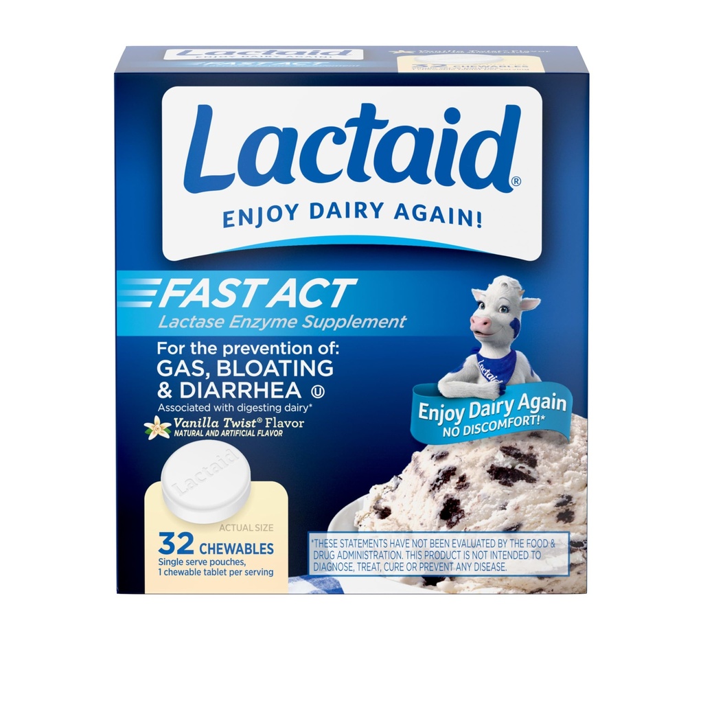 Lactaid Fast Act Relief Lactose Intolérance Relief Chewables with Natural Lactase Enzyme to prevent Gas, Bloaging & Diarrhée Du fait de la sensibilité au lactose, on-the-Go, Vanilla Twist Flavor, 32 x 1 ct
