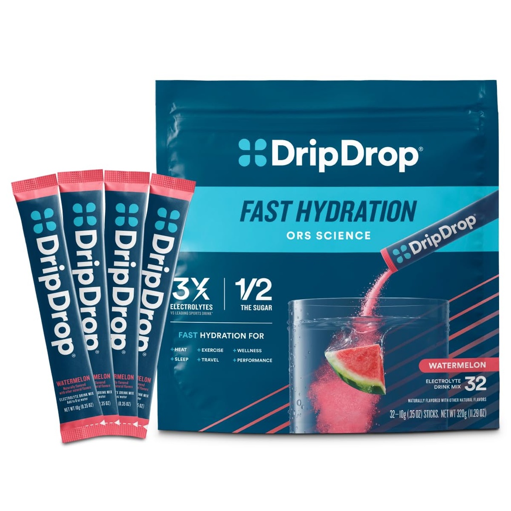 Paquets d'hydratation DripDrop - Pastèque - Mélange de poudre d'électrolytes à usage unique - Non-OGM, sans gluten, végétalien - 32 bâtonnets