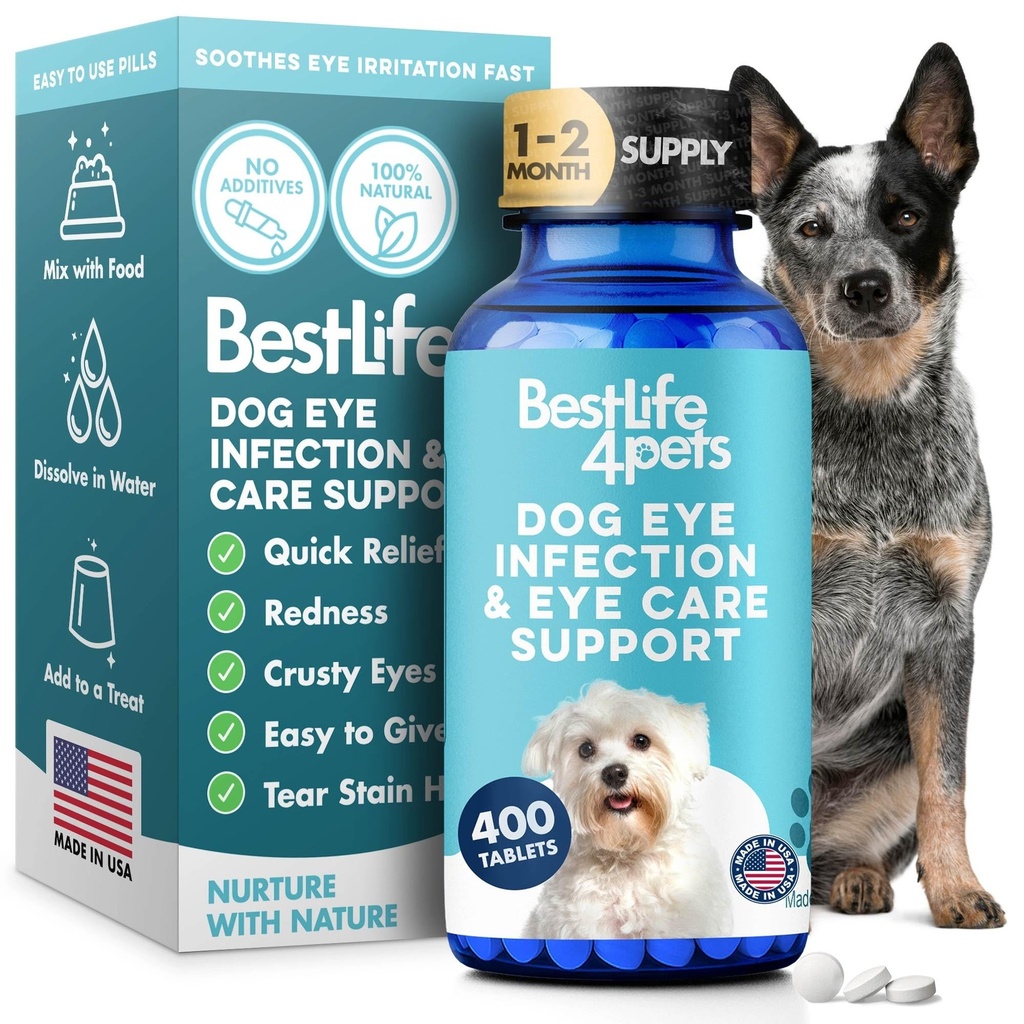 Suppléments de soutien pour les infections des yeux et les soins pour chiens, soulagement naturel de la conjonctivite, gonflement, étamines, yeux secs et décharge, facile à utiliser, plus de lutte avec les gouttes de canine, 400 petites pilules