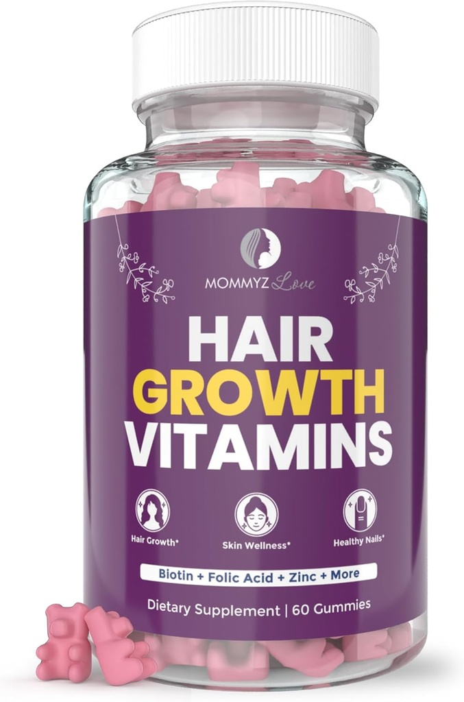 Mamanz Love Biotin Gommies 5000mcg pour la croissance des cheveux et la peau radiante pendant la période post-partum récupération et ajustement - Vitamines post-partum avec folate