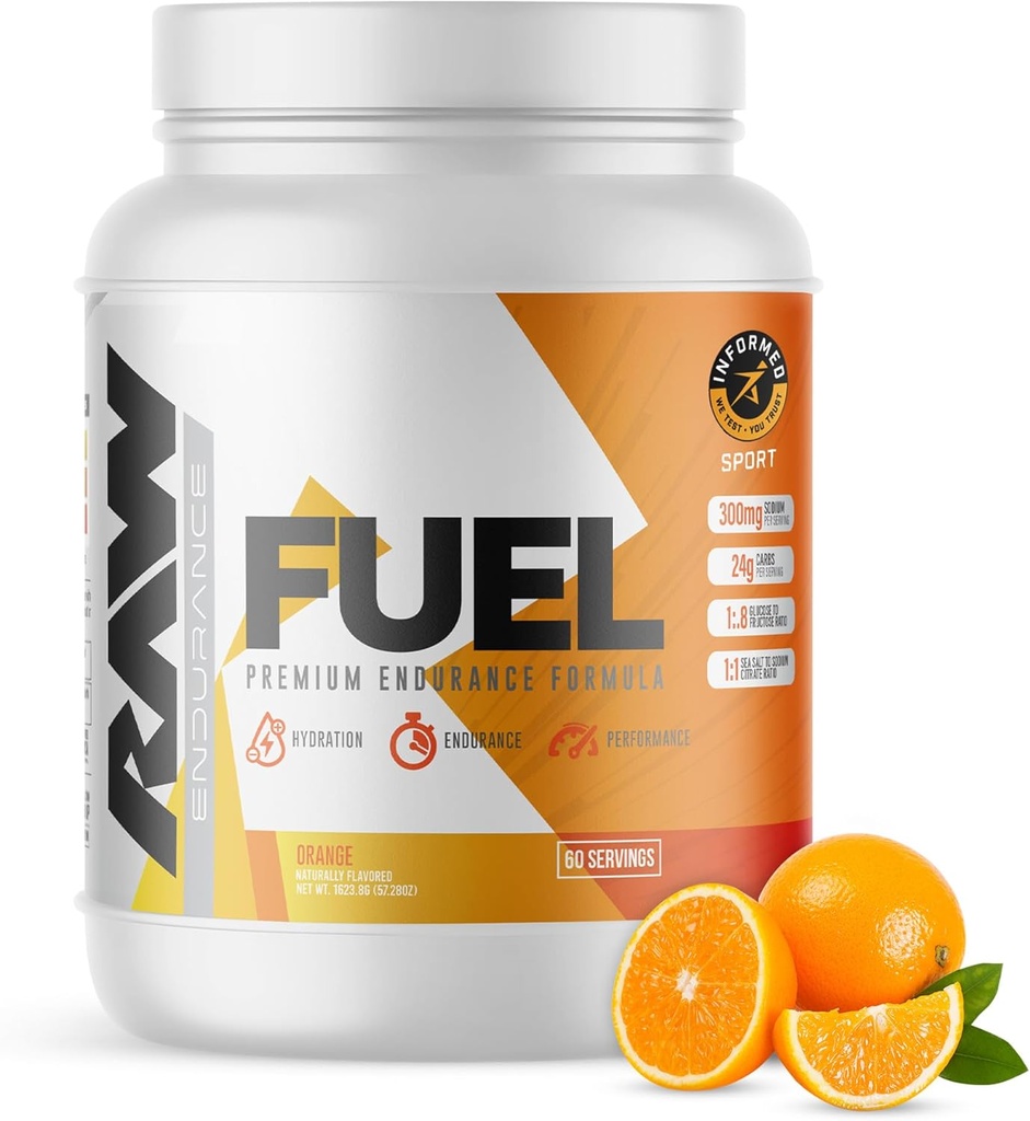 Carburant RAW, poudre de supplément d'endurance Premium, orange (60 portions) - Performance de pointe, hydratation et endurance pendant les séances d'entraînement, la formation ou la compétition - 24g de glucides et 300mg de sodium