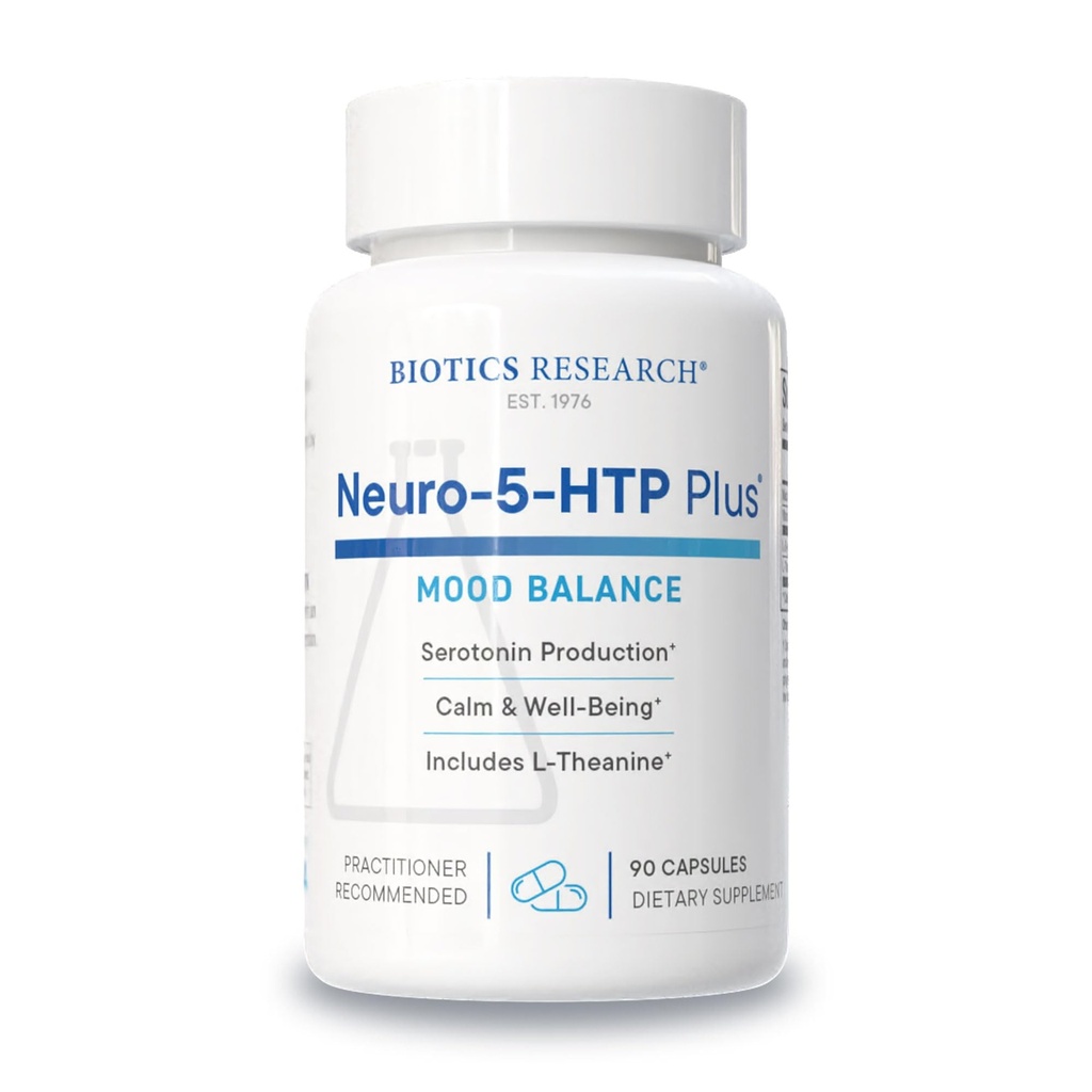 Recherche en biotique Neuro 5 HTP Plus Soutien neurologique, activité cérébrale calme, modèles de sommeil sains, sensation globale de bien-être, favorise la relaxation, précurseur de sérotonine, L Theanine, 90 capsules
