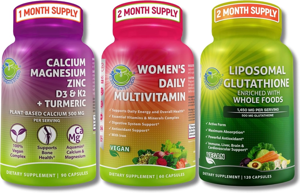Femmes Multivitamines, Calcium et Glutathion liposomique Trio - Calcium à base végétale, Magnésium, Zinc, D3, K2 & Turmeric + Femmes Multivitamine quotidienne avec fer + Glutathion liposomique 500mg