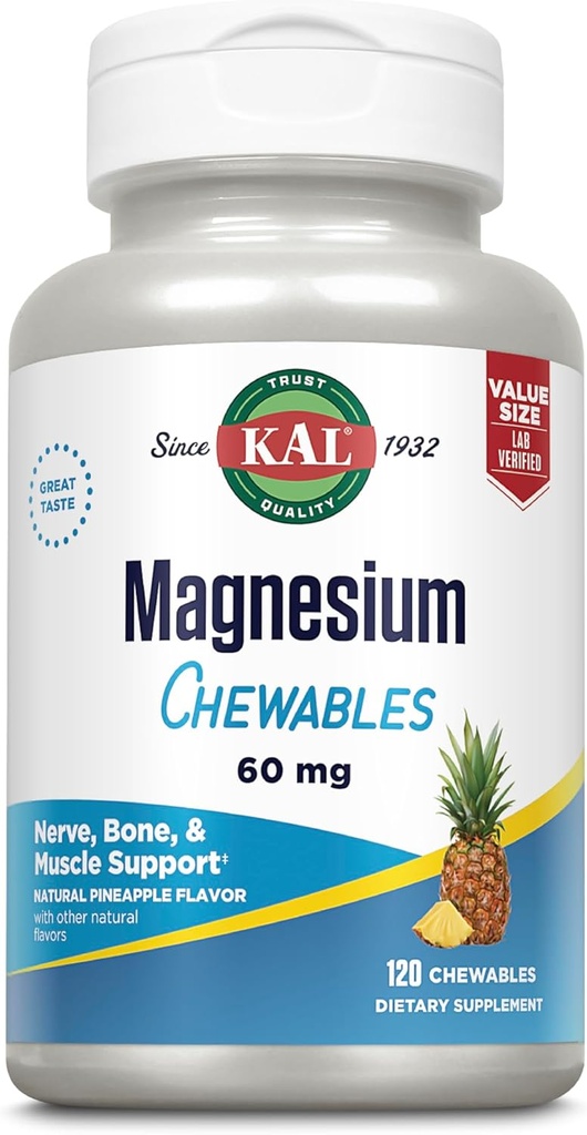 KAL Magnésium Chewables - Citrate de magnésium pour le soutien des nerfs, des muscles et des os - Aucun sucre ajouté, supplément de magnésium végétalien - Garantie de 60 jours - Arôme d'ananas - 120 portions, 120 comprimés à croquer