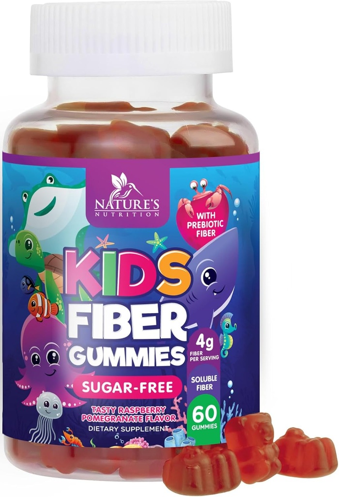 Gommies de fibre pour enfants 4g – Supplément de fibre prébiotique pour la santé digestive, la régularité et le soutien immunitaire – Fibre sans sucre et à base de plantes – Arôme de framboise naturelle – Vegan, sans gluten – 60 Gommies