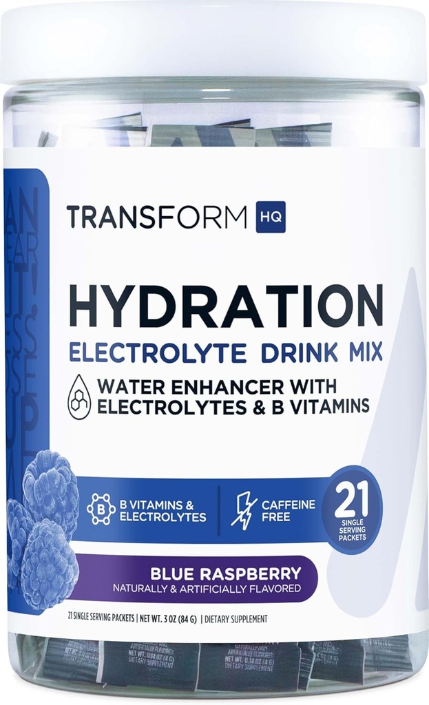 Transformer le mélange de boisson d'hydratation HQ (21 paquets à usage unique, framboise bleue) - Mélange de supplément d'hydratation avec des vitamines et des électrolytes