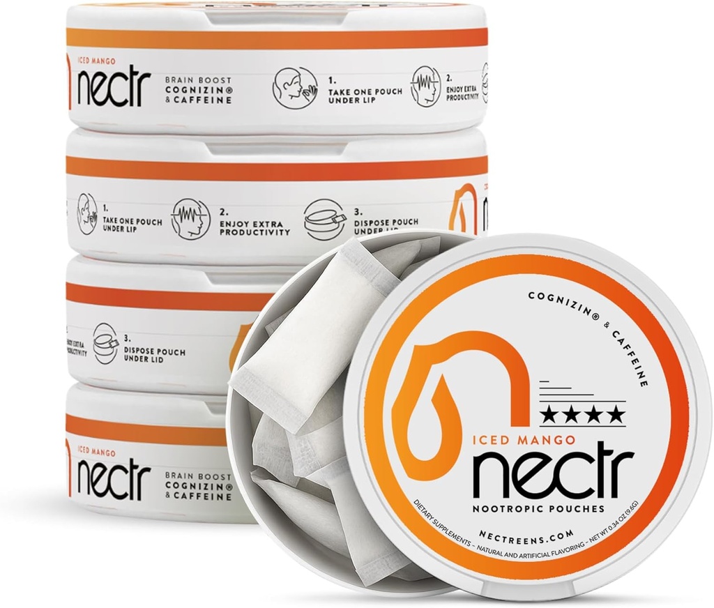 Pochettes Nectr Energy Nootropic – Iced Mango Flavored, Pochettes caféines avec Cognizin® Citicoline. Cerveau sans sucre. Smooth, Sustained Focus & Energy Supplément - 5 rondelles de 16pcs