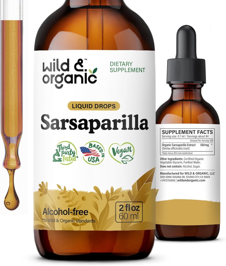 Les gouttes de racines de Sarsaparilla sauvage et biologique - Détox Nettoyer les gouttes - Sarsaparilla poudre à base de teinture - Vegan, sucre et supplément liquide sans alcool - 2 fl oz