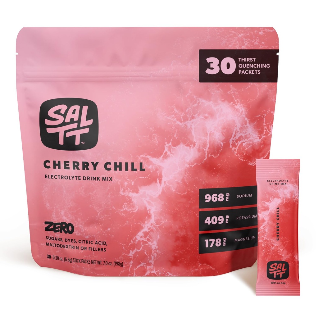 SALTT Electrolytes en poudre Mélange de boissons aromatisées - Chair à la cerise - 30 emballages d'hydratation - Magnésium, potassium, sodium, minéraux traces - Zéro sucre et sans gluten - Essentiels de voyage