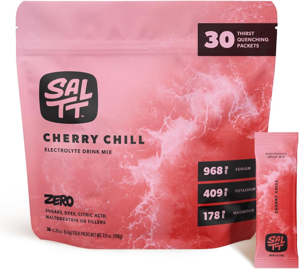SALTT Electrolytes en poudre Mélange de boissons aromatisées - Chair à la cerise - 30 emballages d'hydratation - Magnésium, potassium, sodium, minéraux traces - Zéro sucre et sans gluten - Essentiels de voyage
