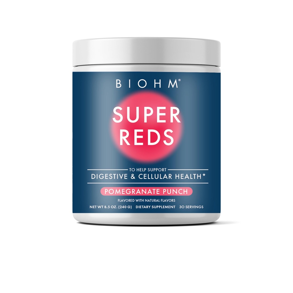 BIOHM Super Rouges, poudre de betteraves antioxydantes et mélange de smoothie avec extrait de cerise de tart et 19 aliments rouges entiers emballés avec des prébiotiques et probiotiques, non-OGM, saveur de baie rouge (30 portions)