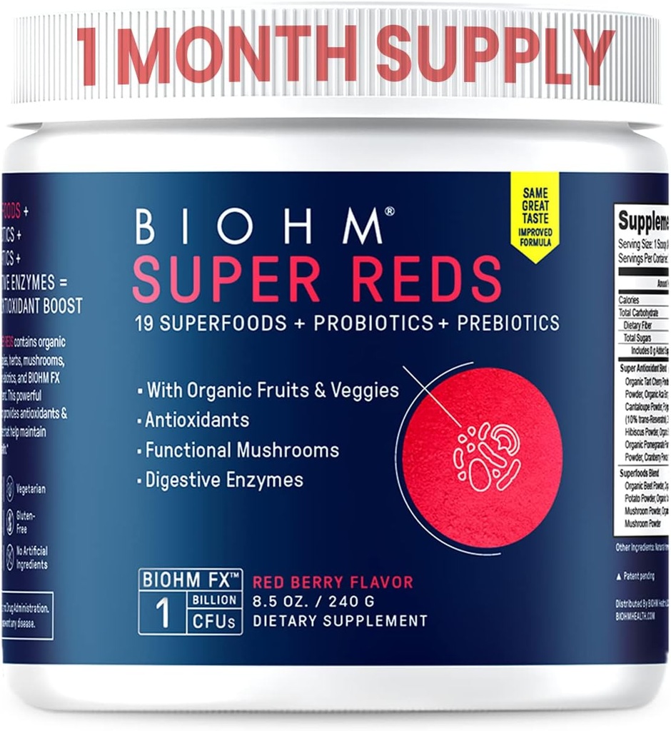 BIOHM Super Rouges, poudre de betteraves antioxydantes et mélange de smoothie avec extrait de cerise de tart et 19 aliments rouges entiers emballés avec des prébiotiques et probiotiques, non-OGM, saveur de baie rouge (30 portions)