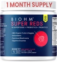 BIOHM Super Rouges, poudre de betteraves antioxydantes et mélange de smoothie avec extrait de cerise de tart et 19 aliments rouges entiers emballés avec des prébiotiques et probiotiques, non-OGM, saveur de baie rouge (30 portions)