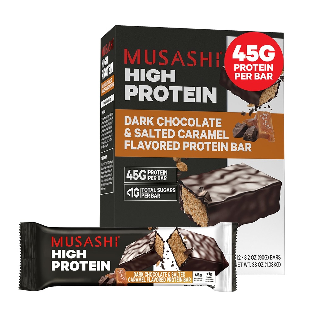 Barre à haute teneur en protéines MUSASHI, 45g de protéines, <1g de sucres totaux, chocolat noir et caramel salé, post entraînement et snack protéinique sur le pouce, 12 paquets de 3,2oz (90g) barres