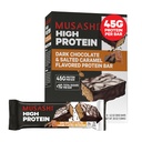 Barre à haute teneur en protéines MUSASHI, 45g de protéines, <1g de sucres totaux, chocolat noir et caramel salé, post entraînement et snack protéinique sur le pouce, 12 paquets de 3,2oz (90g) barres