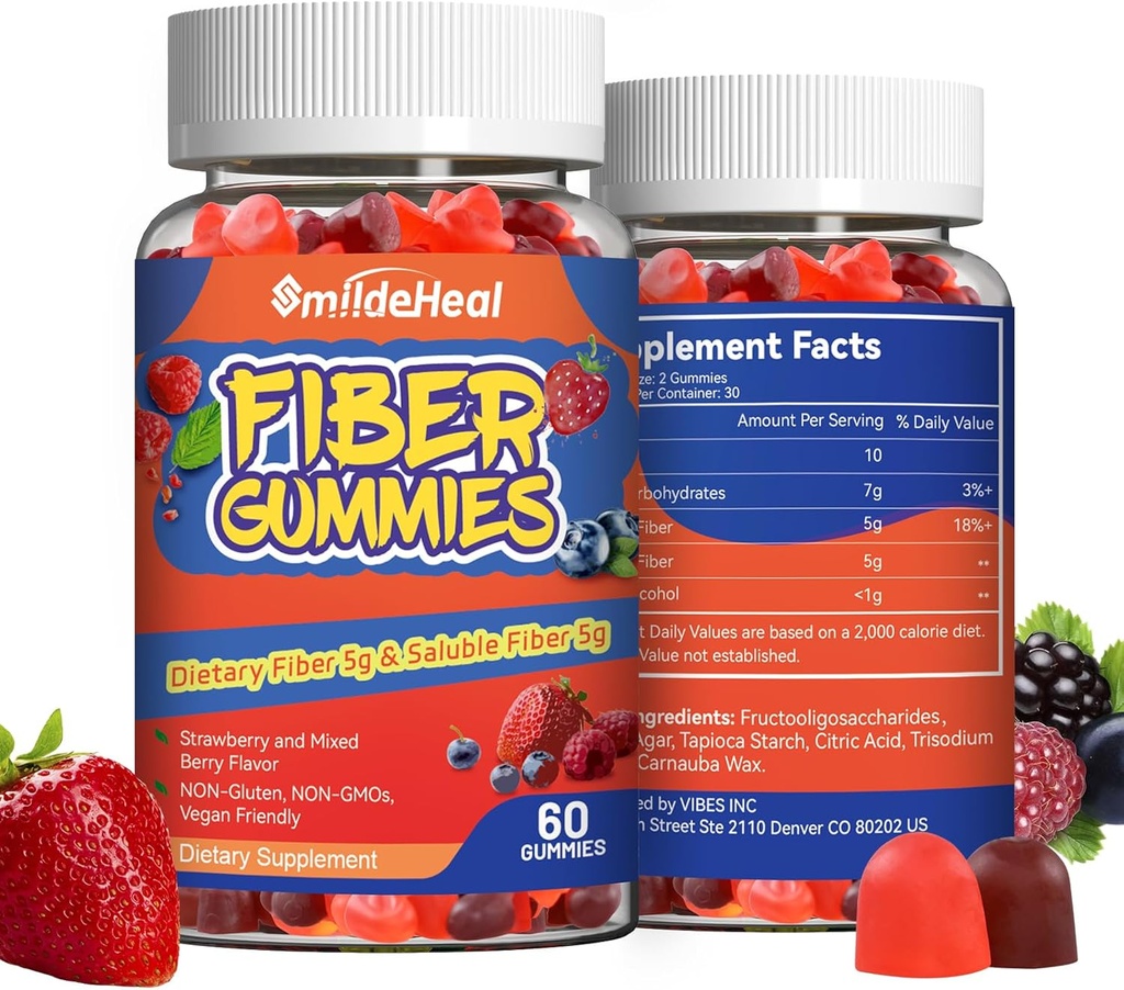 Fiber Gummies, Dietary Fiber, for Women and Men, Gut Health Support, Non-GMOs, Non-Gluten, Vegan, Mixed Berry and Strawberry Flavor, 120 Count Gummies