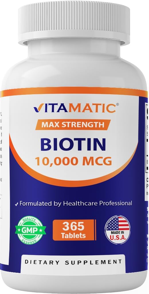 Biotine Vitamatique 10 000 mcg (10 mg) pour cheveux, peau et ongles plus forts - 365 comprimés végétaliens- également appelé vitamine B7