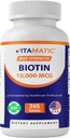 Biotine Vitamatique 10 000 mcg (10 mg) pour cheveux, peau et ongles plus forts - 365 comprimés végétaliens- également appelé vitamine B7