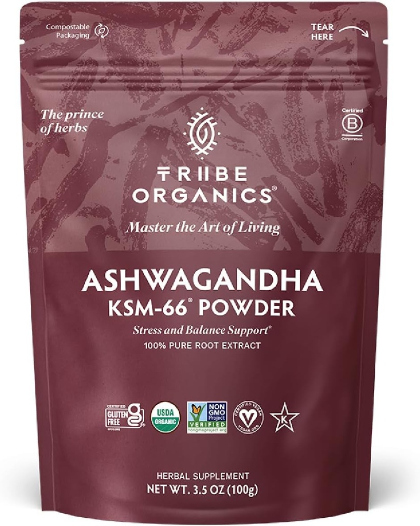TRIBE ORGANICS KSM-66 Ashwagandha extrait de racine poudre Ayurvedic Herbe pour le soutien de l'humeur.