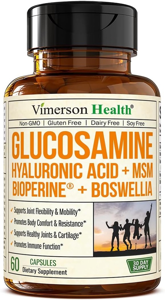 Sulfate de glucosamine avec acide hyaluronique, boswellie, poivre noir et supplément MSM – Suppléments articulaires 5-en-1 pour les hommes et les femmes – Santé conjointe, mobilité et force osseuse – ASF admissible 60 capsules