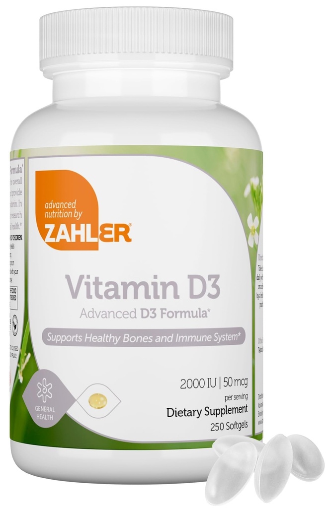 Zahler - Vitamine avancée D3 2000 UI Softgels (250 comte) Kosher Végétarien Végétarien Vitamine D pour le soutien immunitaire, os, dents et santé musculaire - Supplément Vitamine quotidien D3 pour les adultes - Easy Swallow V