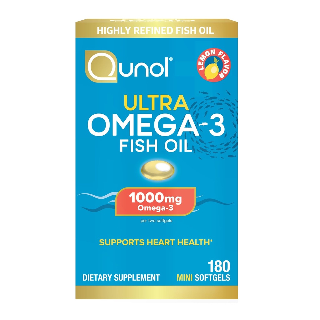 Huile de poisson Qunol Omega 3 Mini Softgels, 1000mg Omega 3 EPA + DHA, Suppléments ultra purs, Soutien de santé cardiaque, Saveur de citron, Minis faciles à avaler, Approvisionnement de 3 mois, 180 Compte