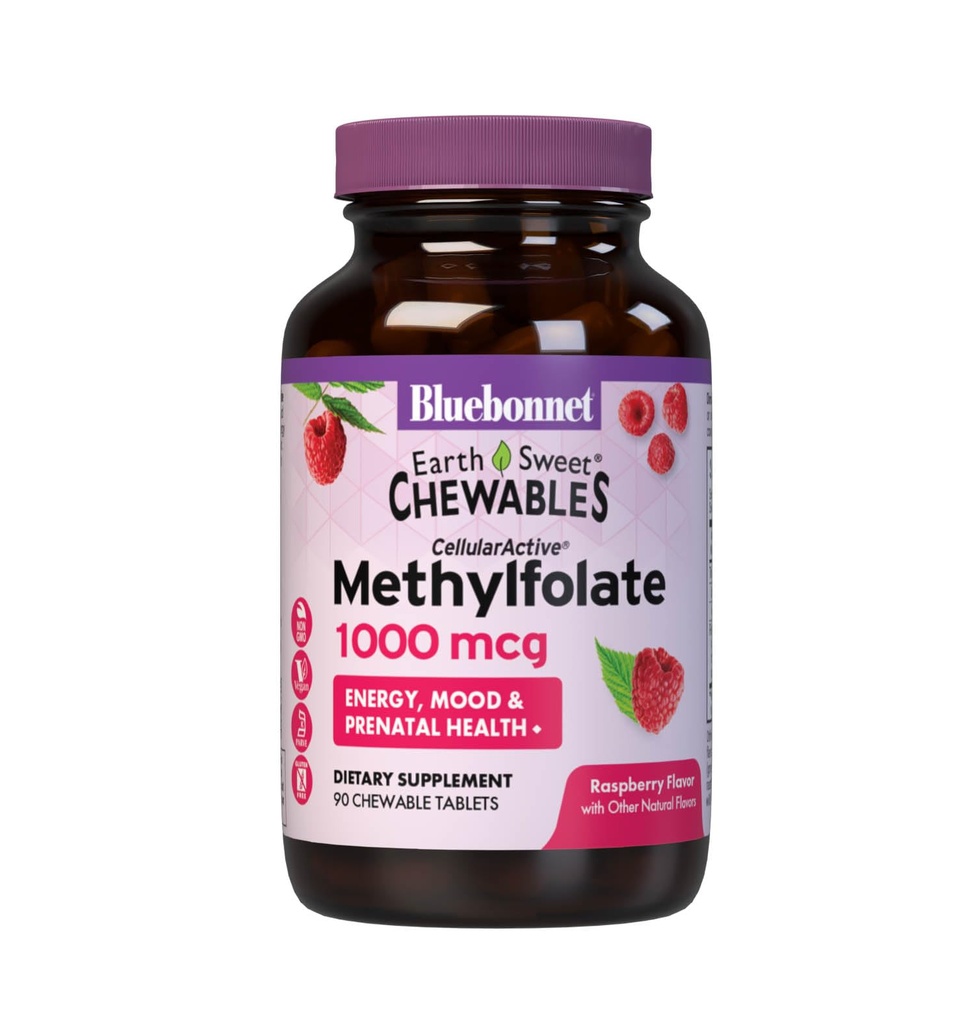 Bluebonnet EarthSweet Methylfolate 1000 mcg Coenzyme Cellulaire Active 5-MTHF L Supplément de folate de méthyle - Soutien prénatal et énergétique - Non-OGM, végétalien, sans gluten - Framboise - 90 comprimés à croquer
