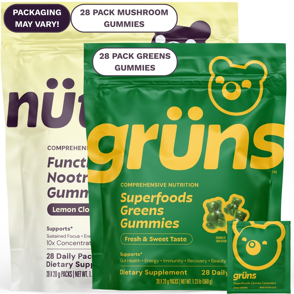 Gruns Superfood Green + Nouveau Nütrops Gummy Bundle, Supplément nutritionnel biologique 2 x 28 Pack: Multivitamine, prébiotiques, adaptogènes + Supplément à base de champignons nootropes pour soutenir l'humeur, Focus, Gut